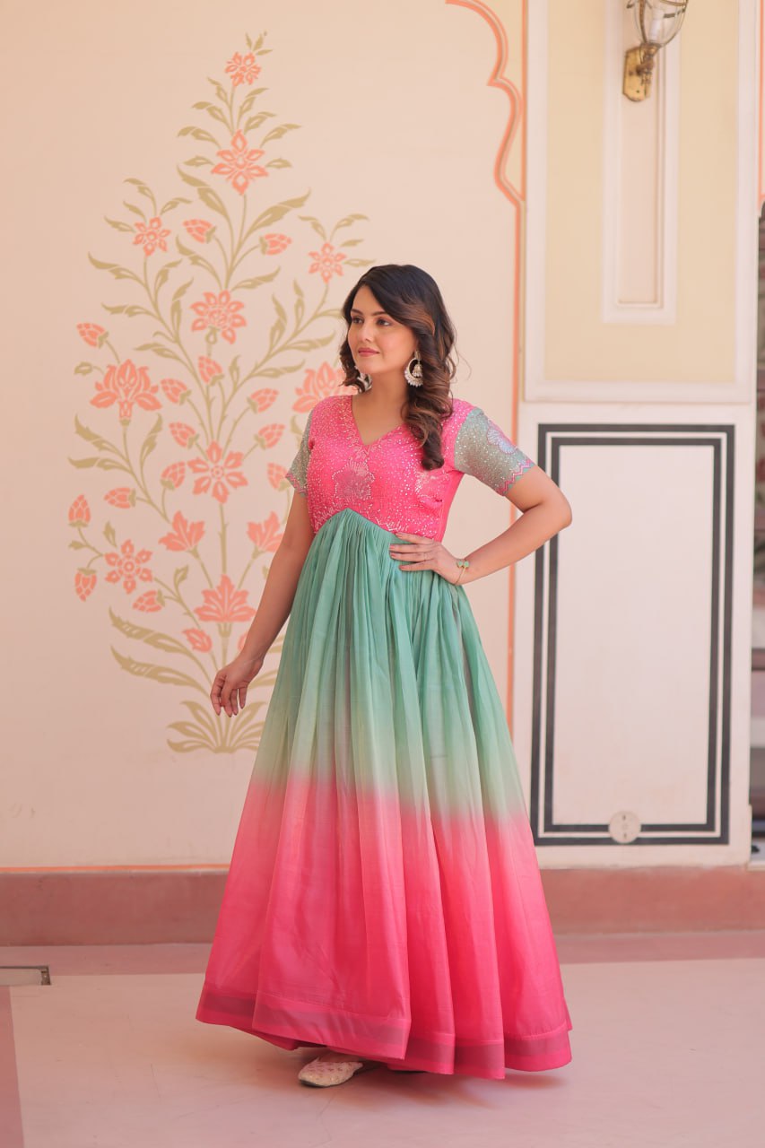 Bollywood Style Pink Color Gold Crush Padding With Beads Embroidered Work Gown