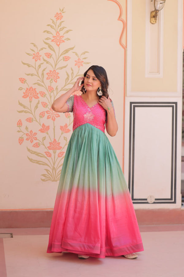 Bollywood Style Pink Color Gold Crush Padding With Beads Embroidered Work Gown