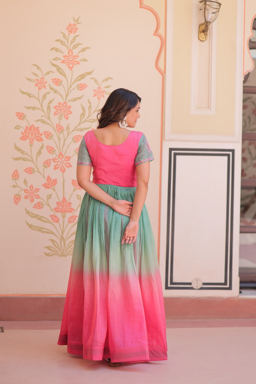 Bollywood Style Pink Color Gold Crush Padding With Beads Embroidered Work Gown