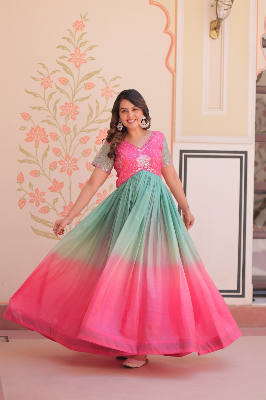 Bollywood Style Pink Color Gold Crush Padding With Beads Embroidered Work Gown