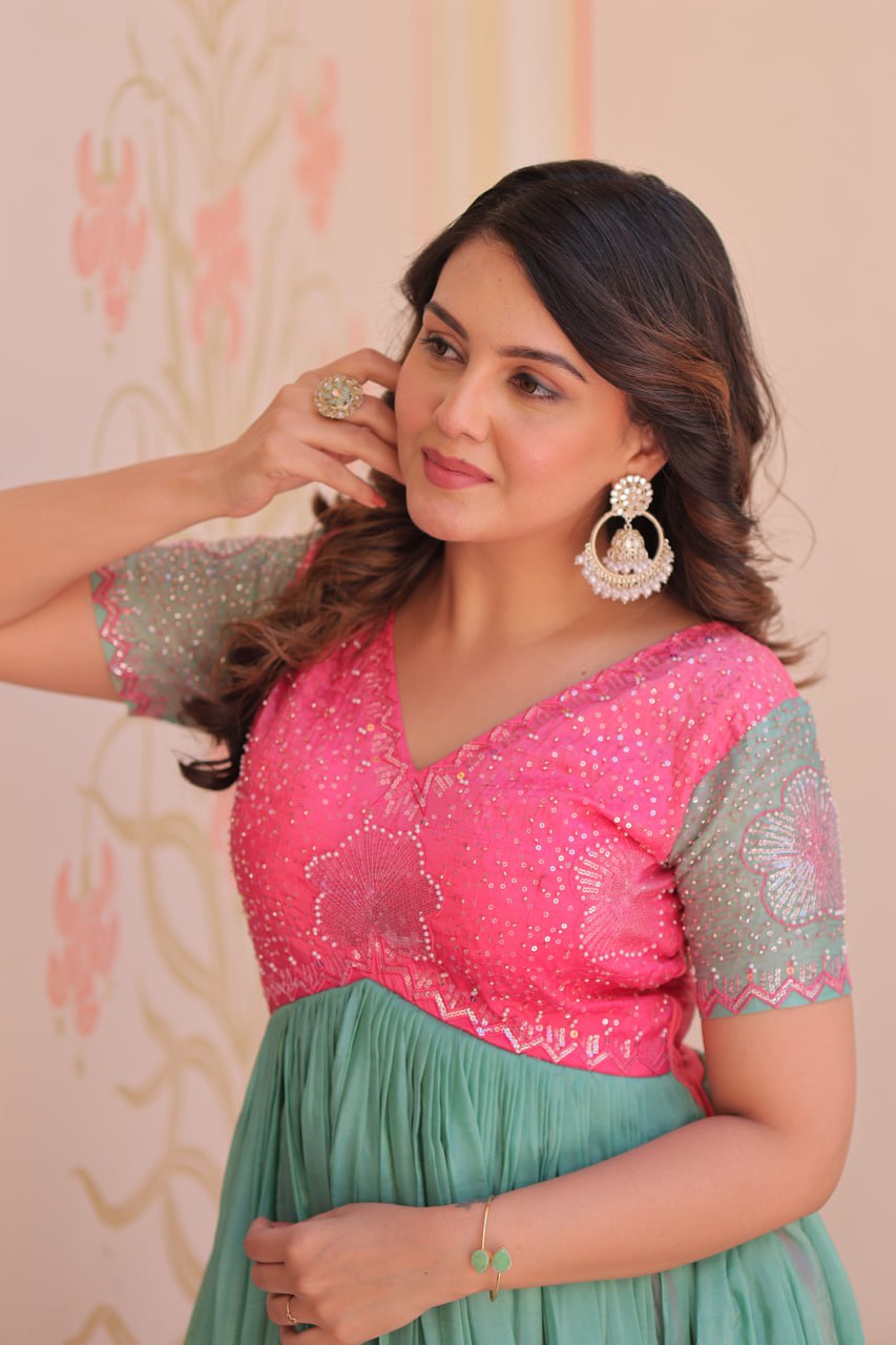 Bollywood Style Pink Color Gold Crush Padding With Beads Embroidered Work Gown