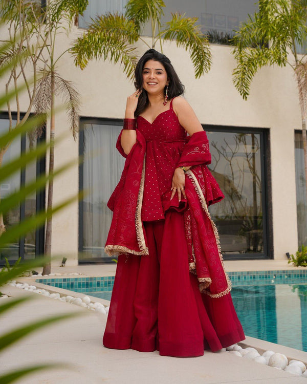 Wedding Wear Red Color Tabby Organza With Mukesh Work Designer Palazzo Suit