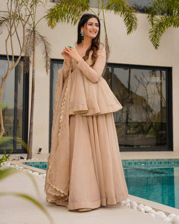 Wedding Wear Cream Color Tabby Organza With Mukesh Work Designer Palazzo Suit
