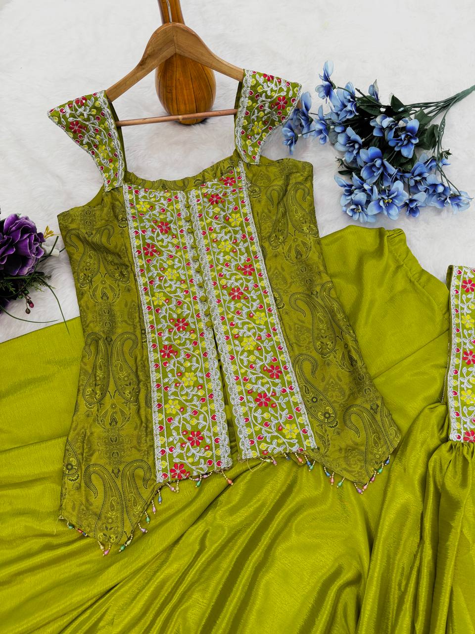 Stunning Green Color Heavy Chinon With Embroidery Sequins Work Palazzo Suit