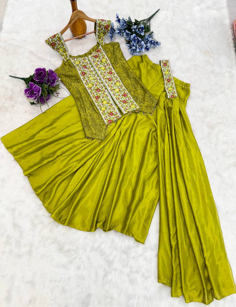 Stunning Green Color Heavy Chinon With Embroidery Sequins Work Palazzo Suit