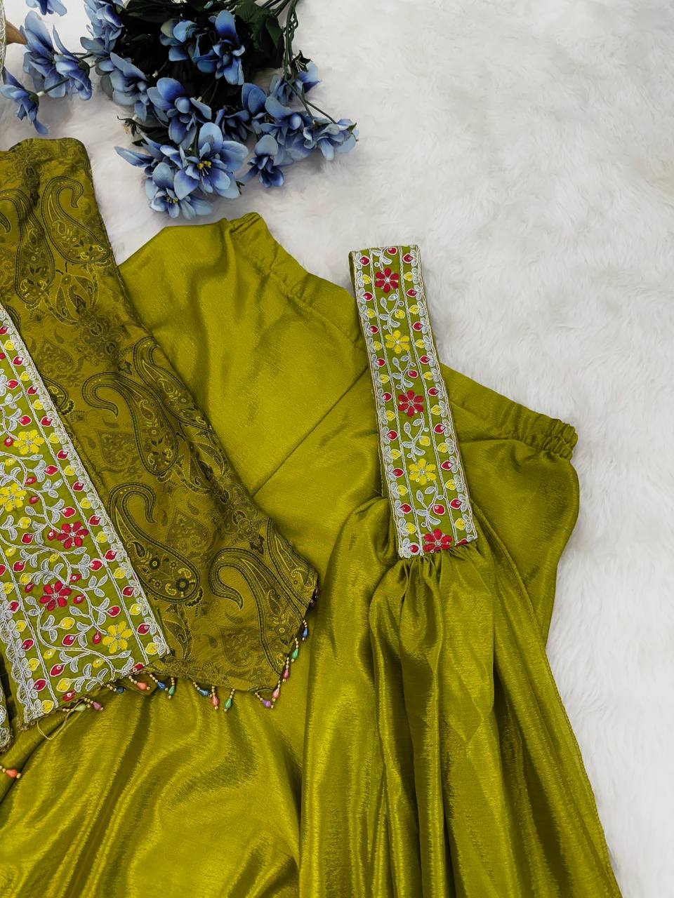Stunning Green Color Heavy Chinon With Embroidery Sequins Work Palazzo Suit