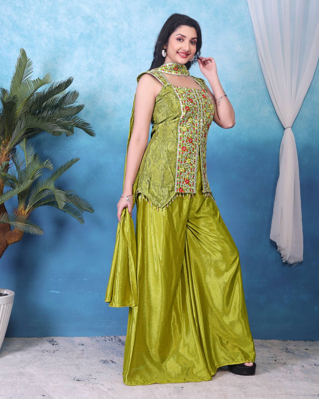 Stunning Green Color Heavy Chinon With Embroidery Sequins Work Palazzo Suit