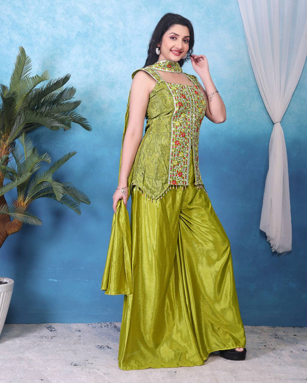 Stunning Green Color Heavy Chinon With Embroidery Sequins Work Palazzo Suit