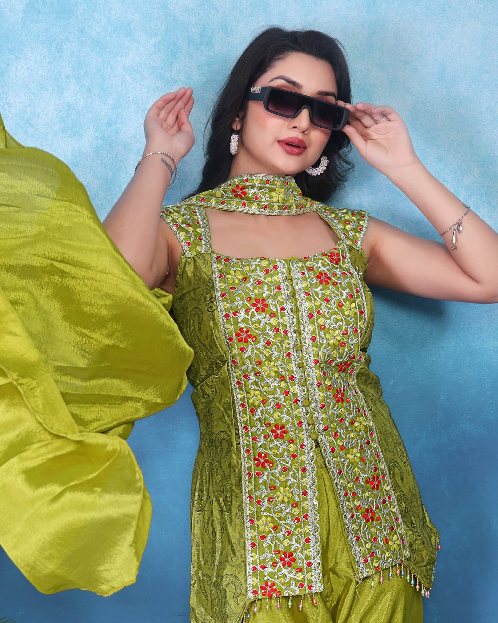 Stunning Green Color Heavy Chinon With Embroidery Sequins Work Palazzo Suit
