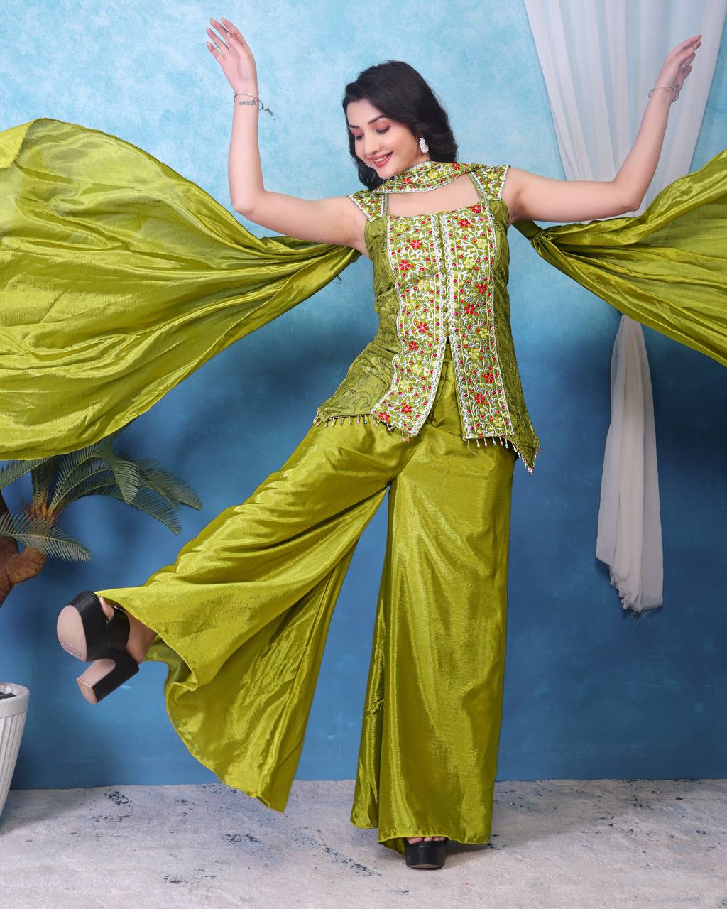 Stunning Green Color Heavy Chinon With Embroidery Sequins Work Palazzo Suit