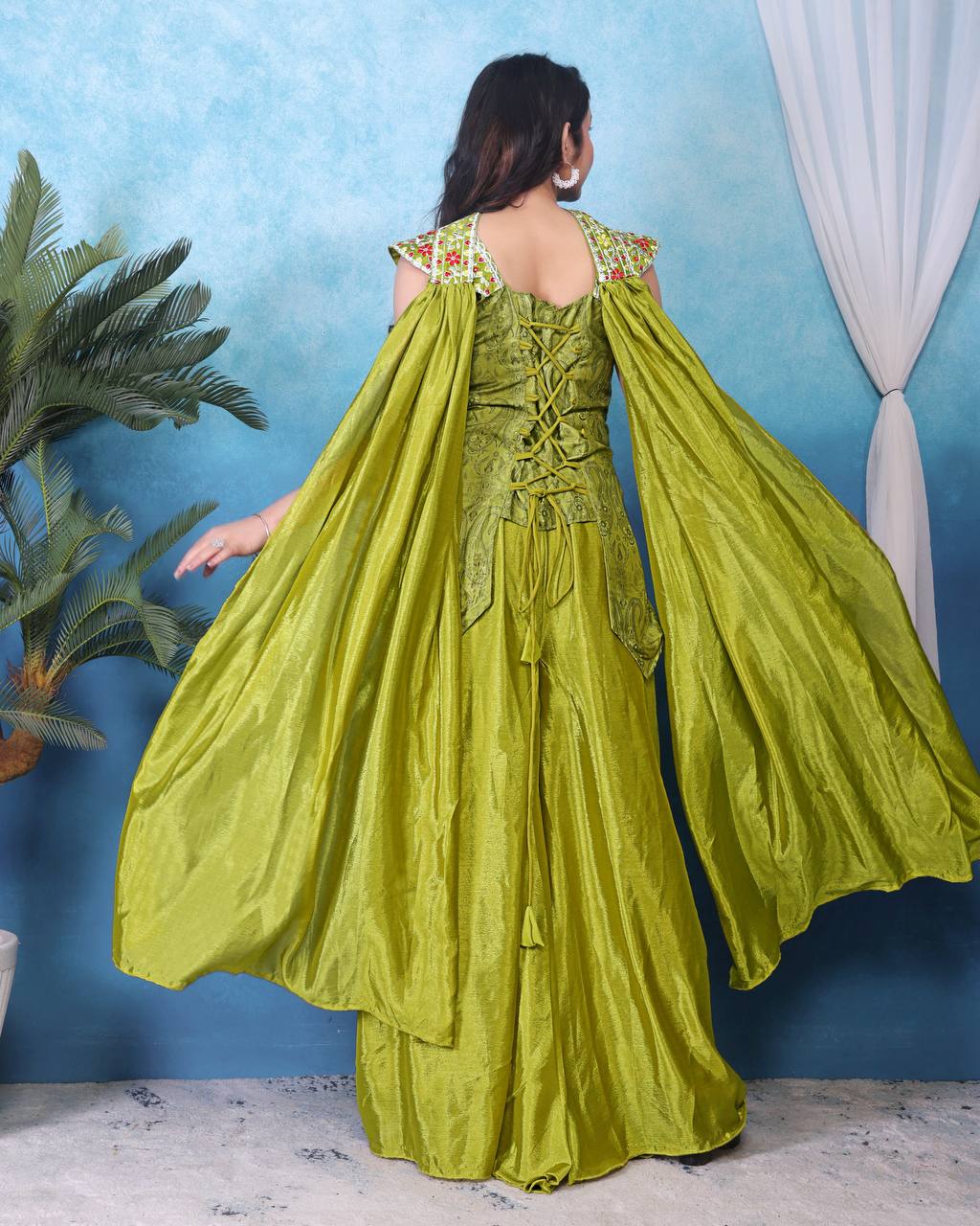 Stunning Green Color Heavy Chinon With Embroidery Sequins Work Palazzo Suit