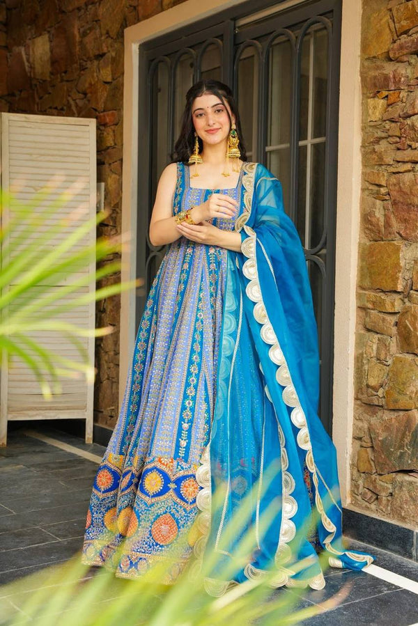 Party Wear Sky Blue Color Jimmy Organza Silk Anarkali Gown