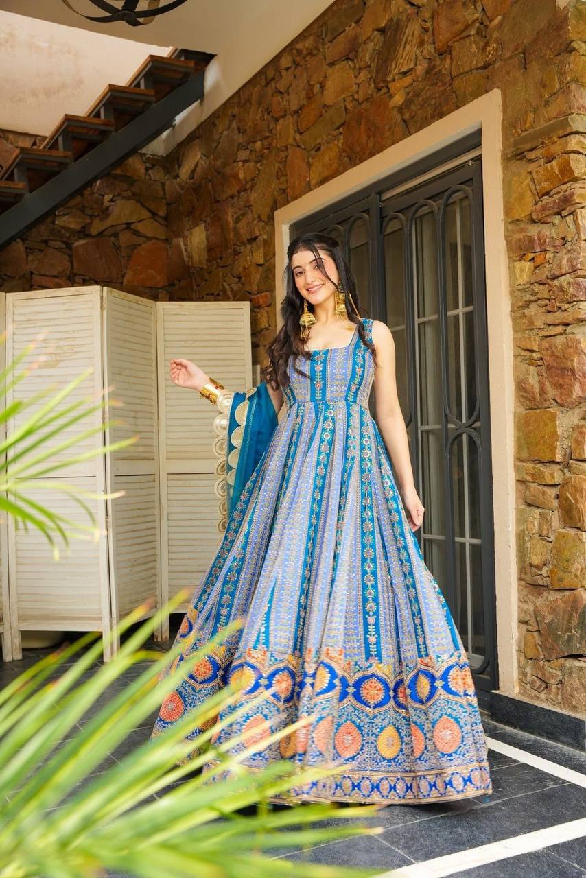 Party Wear Sky Blue Color Jimmy Organza Silk Anarkali Gown