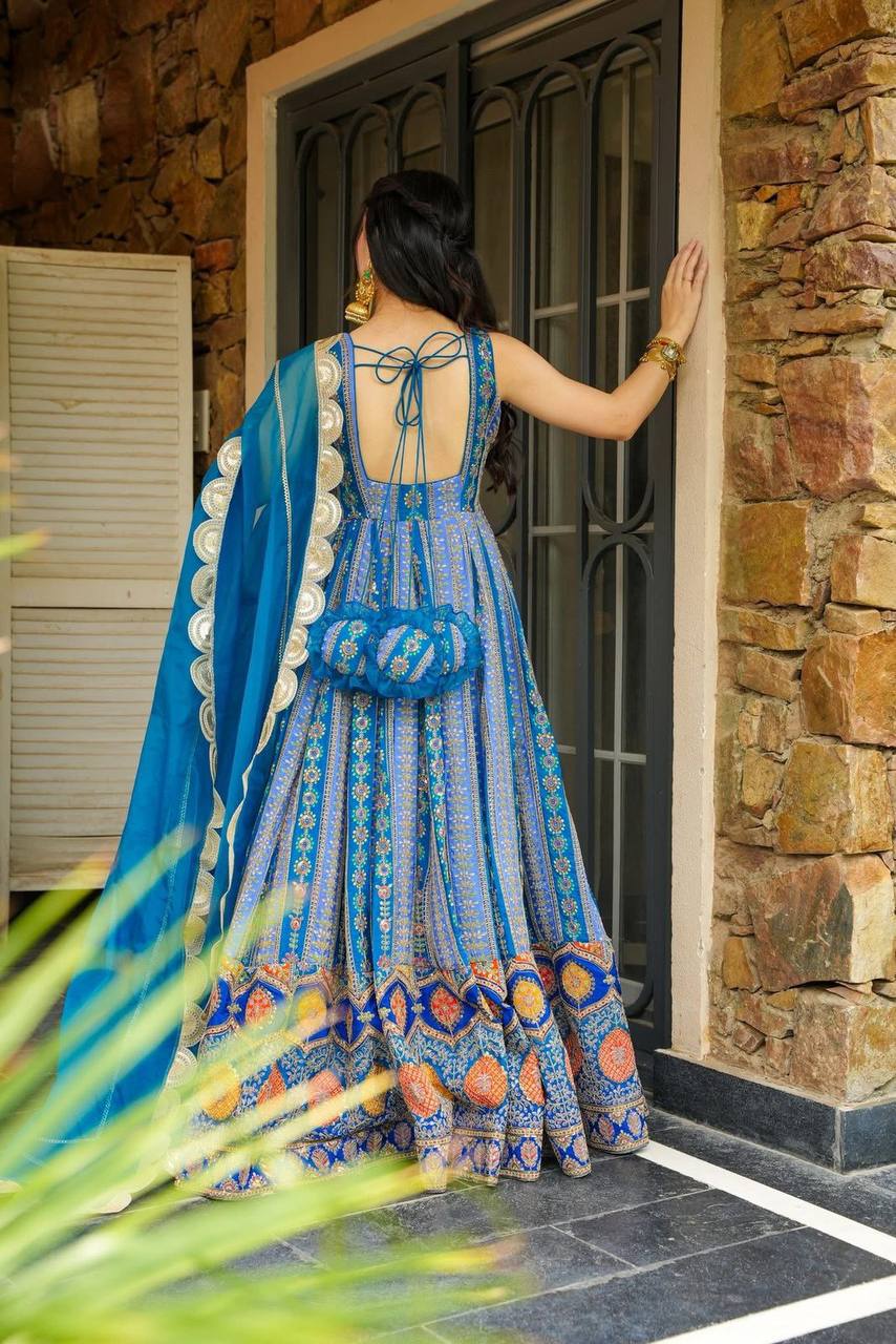 Party Wear Sky Blue Color Jimmy Organza Silk Anarkali Gown