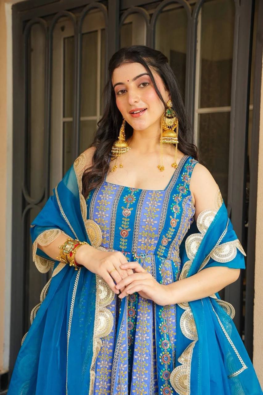 Party Wear Sky Blue Color Jimmy Organza Silk Anarkali Gown