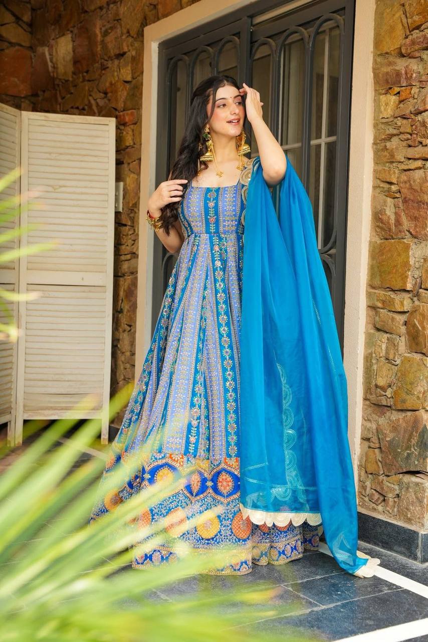 Party Wear Sky Blue Color Jimmy Organza Silk Anarkali Gown