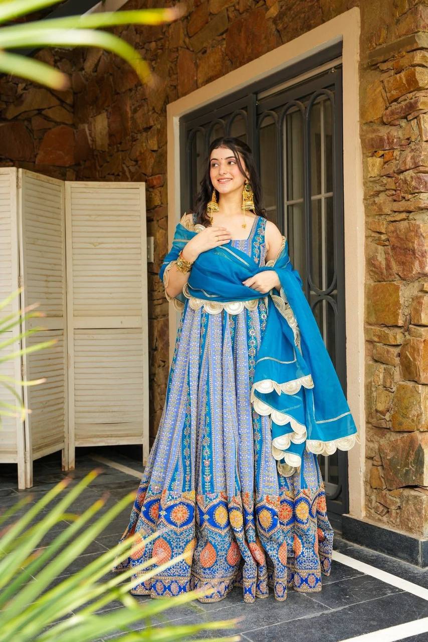 Party Wear Sky Blue Color Jimmy Organza Silk Anarkali Gown