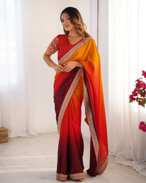 Wedding Wear Yellow-Orange Color Chinon Silk And Thread With Sequence Lace Work Saree