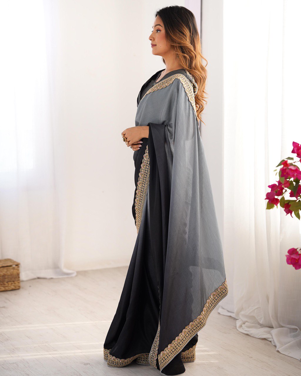 Wedding Wear Black-Grey Color Chinon Silk And Thread With Sequence Lace Work Saree
