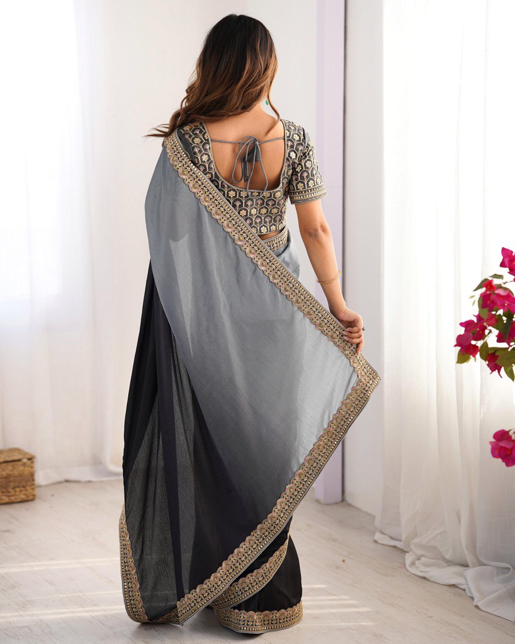 Wedding Wear Black-Grey Color Chinon Silk And Thread With Sequence Lace Work Saree
