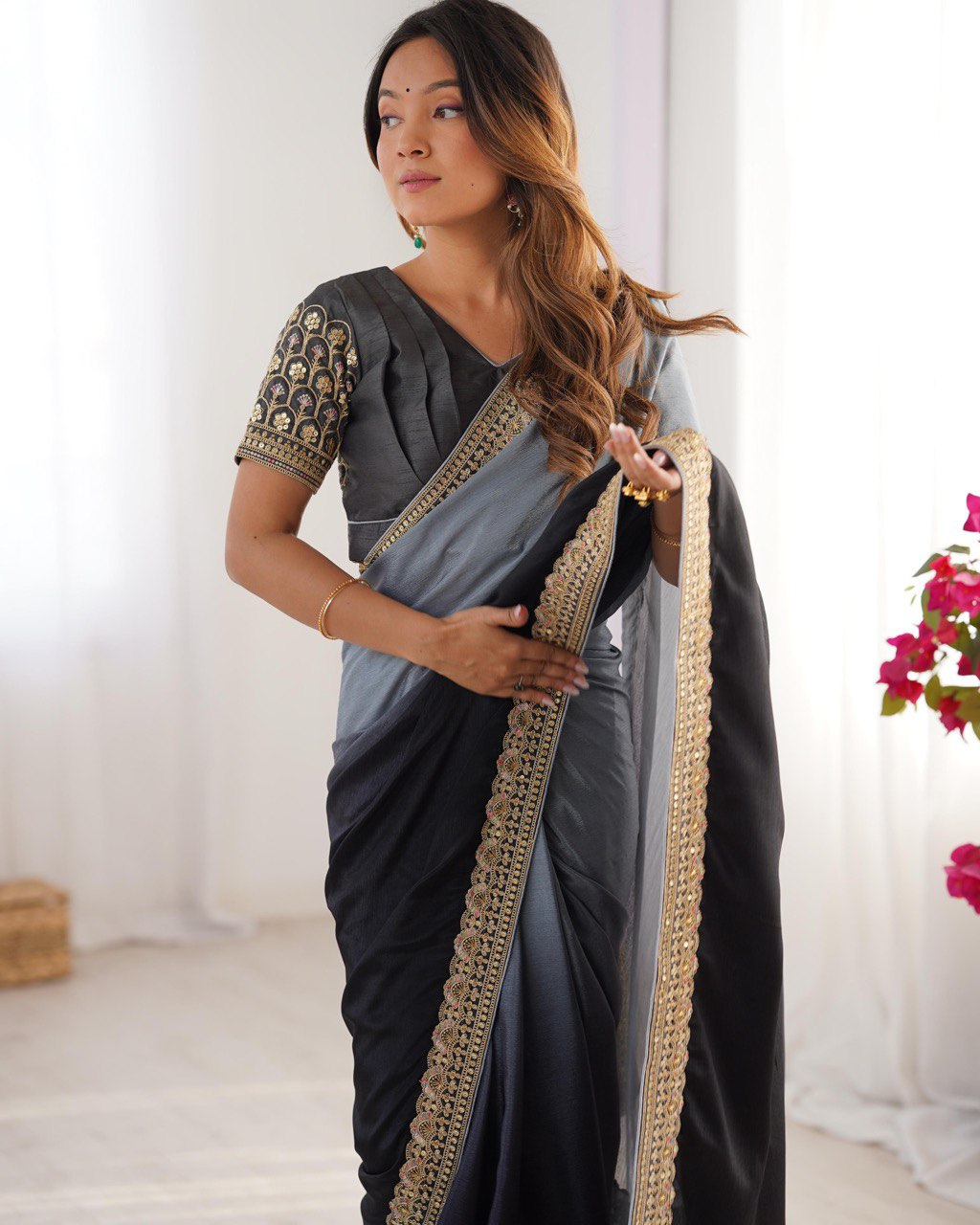 Wedding Wear Black-Grey Color Chinon Silk And Thread With Sequence Lace Work Saree