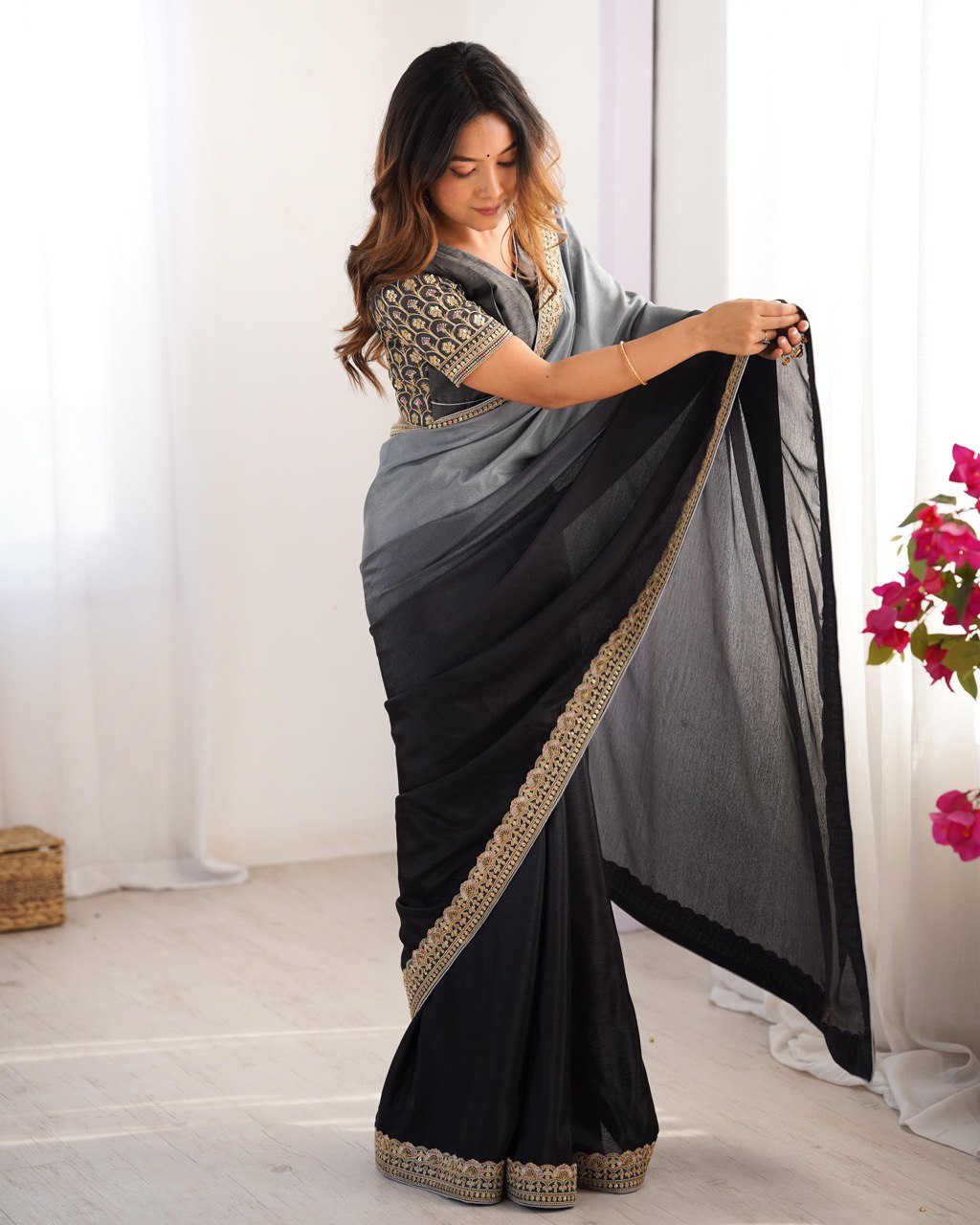 Wedding Wear Black-Grey Color Chinon Silk And Thread With Sequence Lace Work Saree