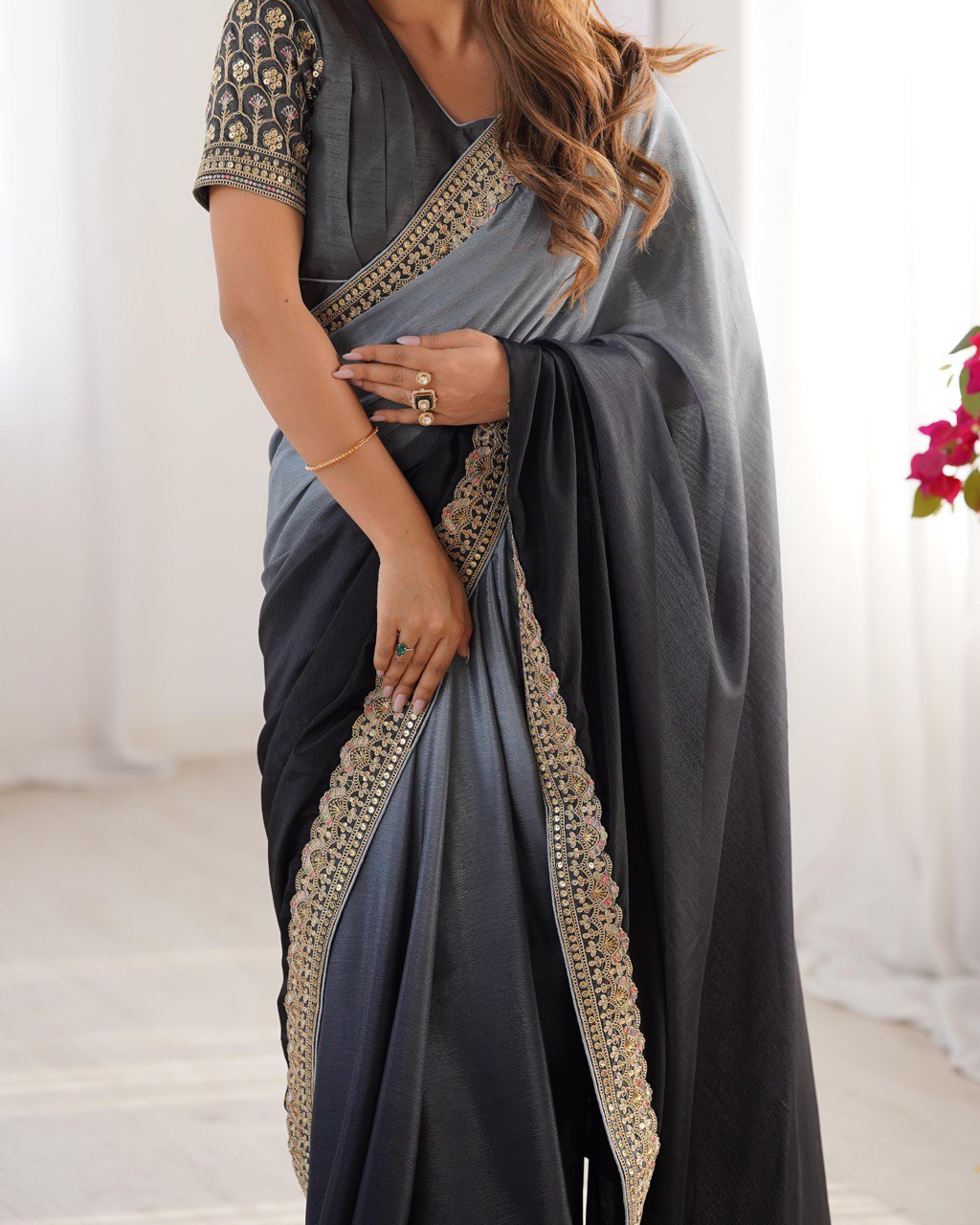 Wedding Wear Black-Grey Color Chinon Silk And Thread With Sequence Lace Work Saree