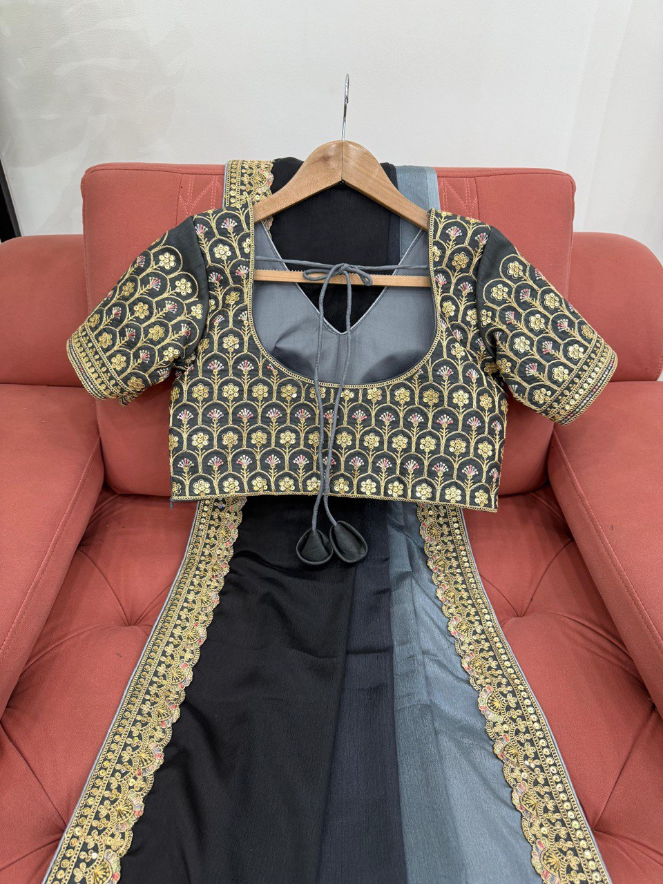 Wedding Wear Black-Grey Color Chinon Silk And Thread With Sequence Lace Work Saree