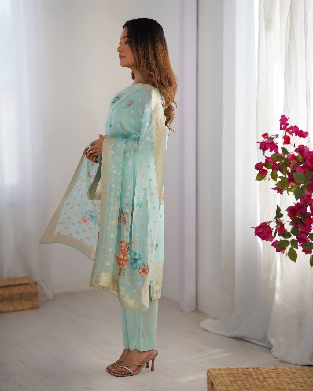 Function Wear Sky Green Color Chanderi Silk Jacquard Work With Digital Printed Salwar Suit