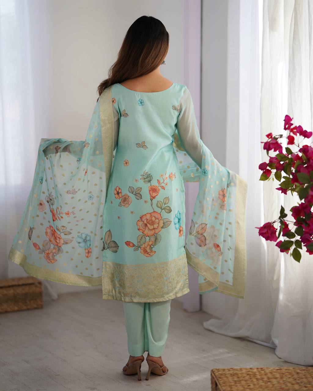Function Wear Sky Green Color Chanderi Silk Jacquard Work With Digital Printed Salwar Suit
