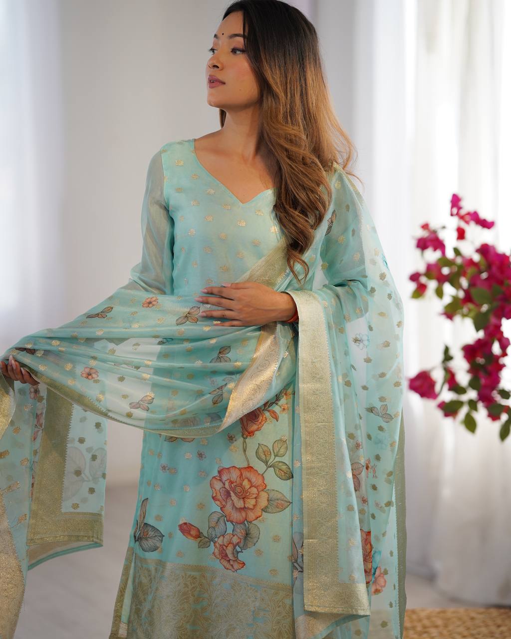 Function Wear Sky Green Color Chanderi Silk Jacquard Work With Digital Printed Salwar Suit