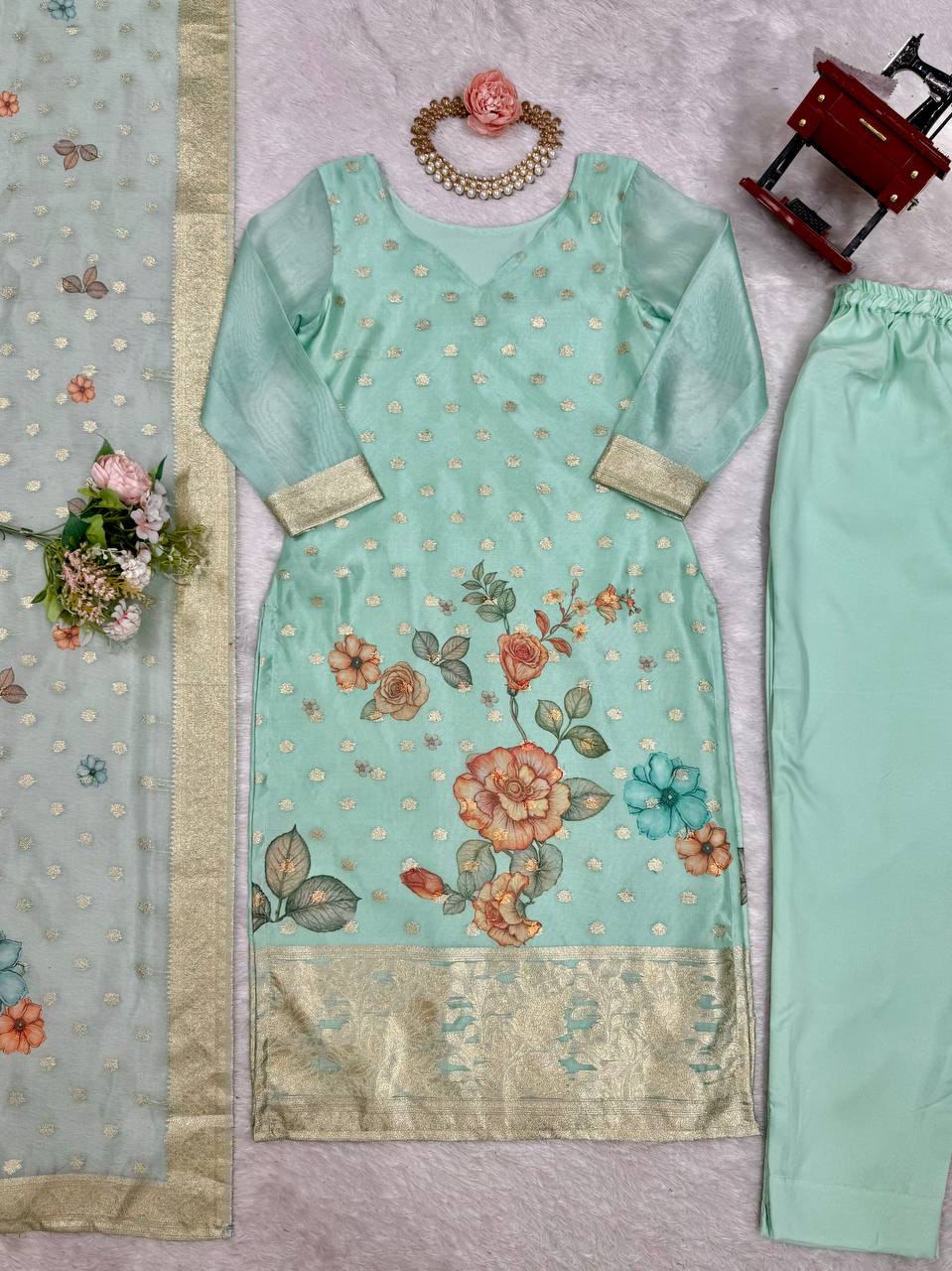Function Wear Sky Green Color Chanderi Silk Jacquard Work With Digital Printed Salwar Suit