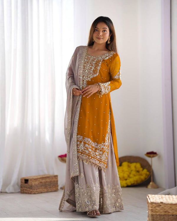 Traditional Wear Mustard Color Heavy Faux Georgette With Heavy Embroidery Work Palazzo Suit