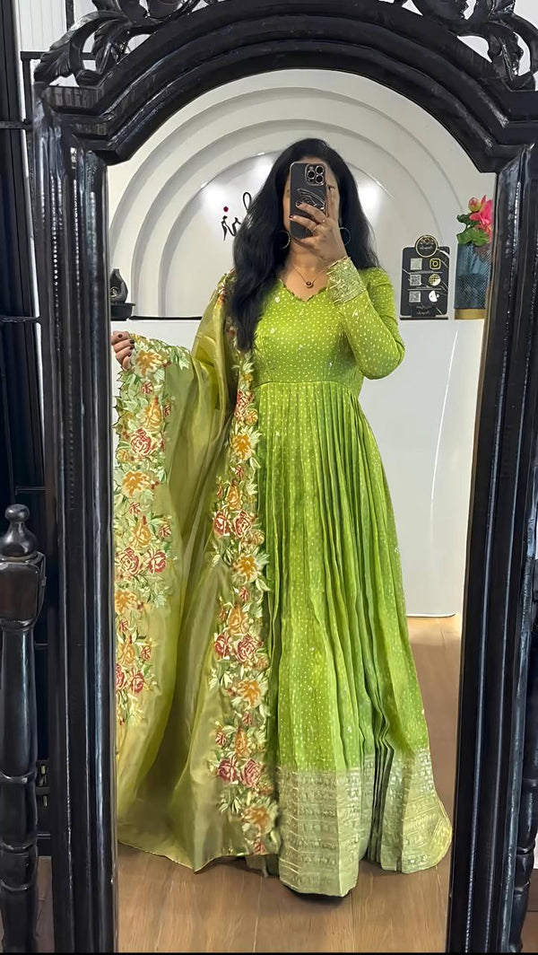 Wedding Wear Green Color Chinon Silk With Embroidery Sequence Work Gown