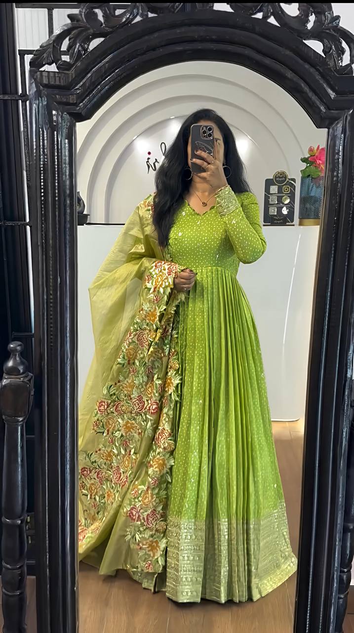 Wedding Wear Green Color Chinon Silk With Embroidery Sequence Work Gown