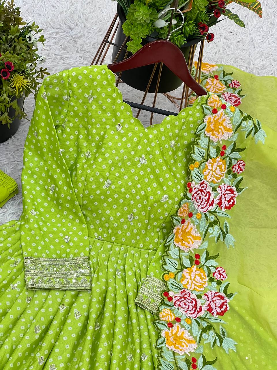 Wedding Wear Green Color Chinon Silk With Embroidery Sequence Work Gown