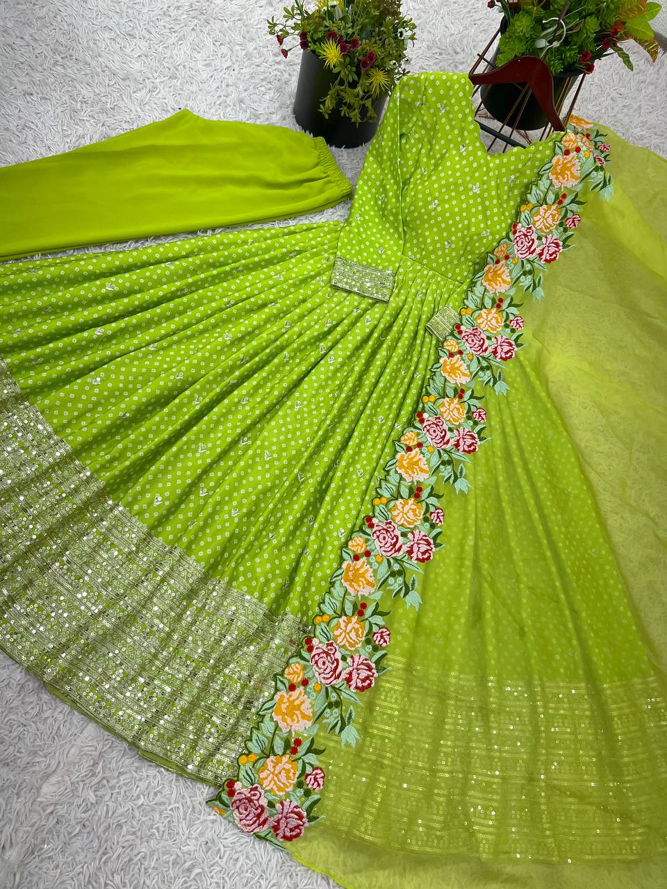 Wedding Wear Green Color Chinon Silk With Embroidery Sequence Work Gown