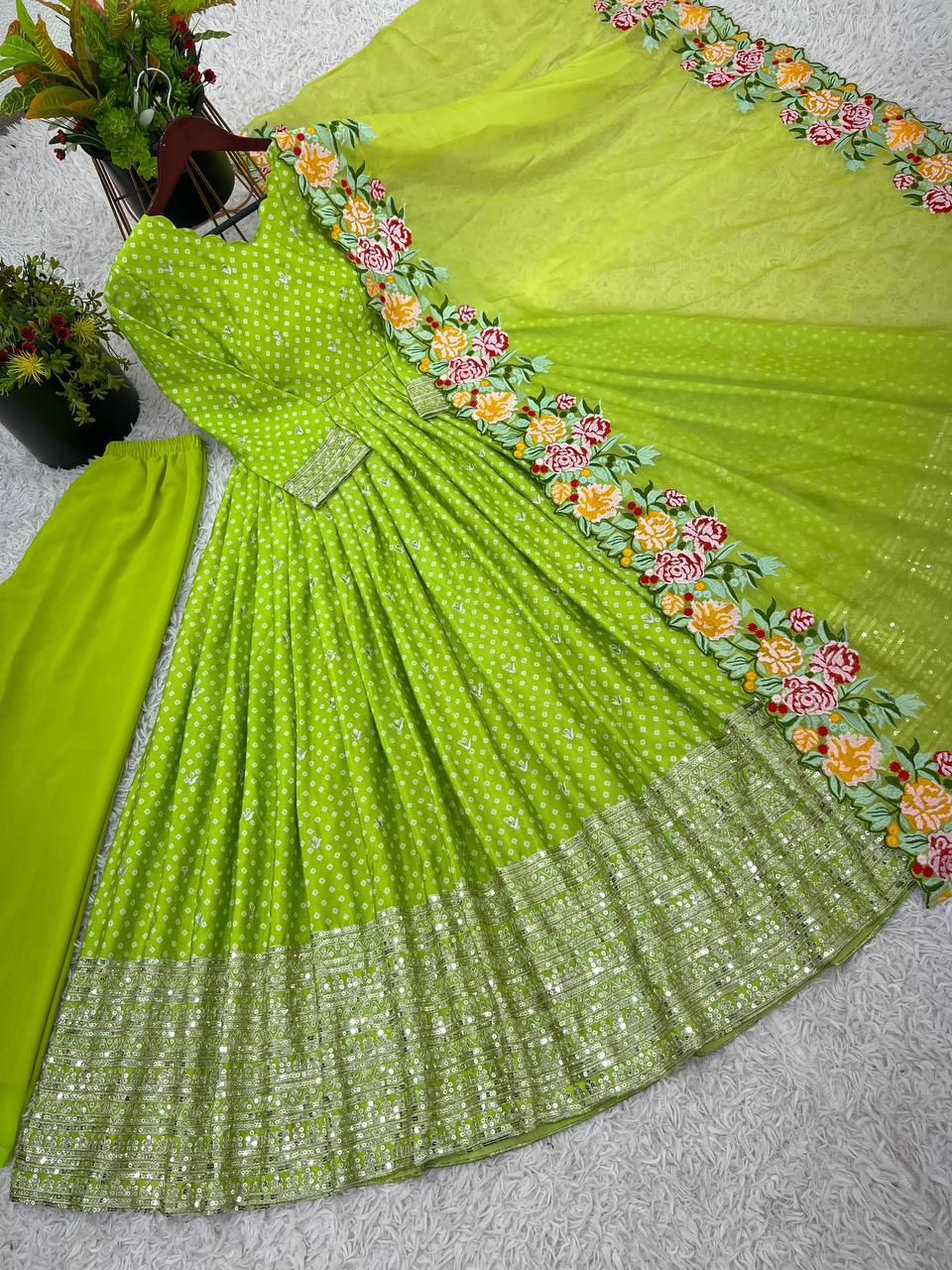 Wedding Wear Green Color Chinon Silk With Embroidery Sequence Work Gown