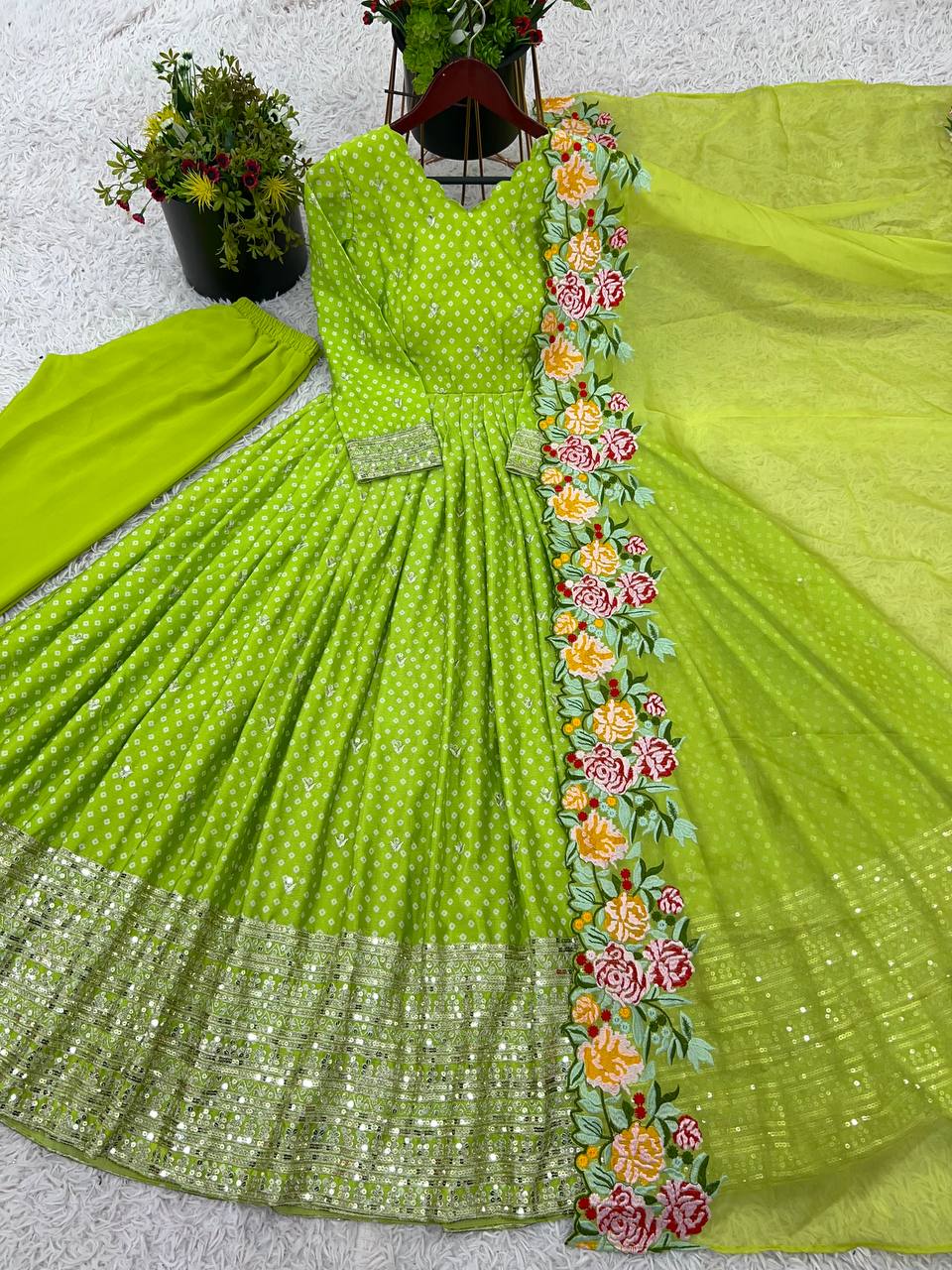 Wedding Wear Green Color Chinon Silk With Embroidery Sequence Work Gown