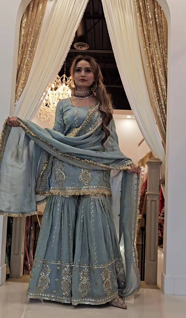 Party Wear Grey Color Chinon Silk With Heavy Embroidery Work Sharara Suit