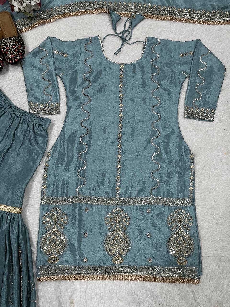 Party Wear Grey Color Chinon Silk With Heavy Embroidery Work Sharara Suit