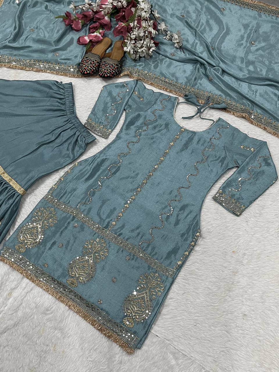 Party Wear Grey Color Chinon Silk With Heavy Embroidery Work Sharara Suit