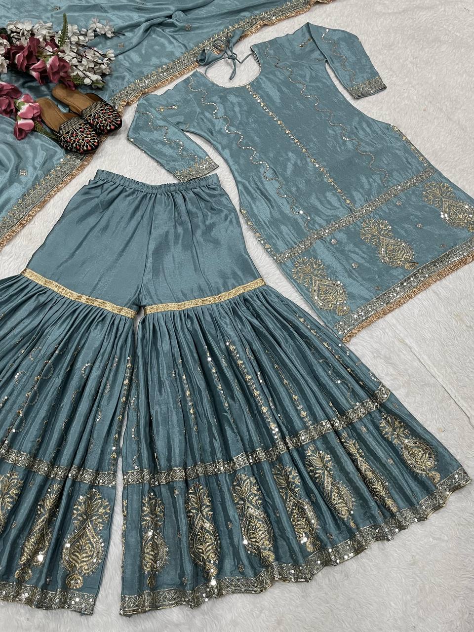 Party Wear Grey Color Chinon Silk With Heavy Embroidery Work Sharara Suit
