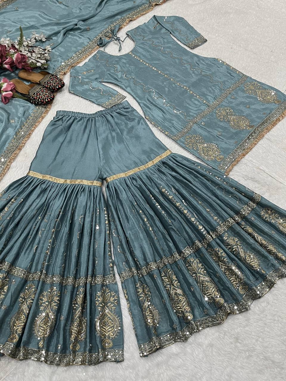 Party Wear Grey Color Chinon Silk With Heavy Embroidery Work Sharara Suit