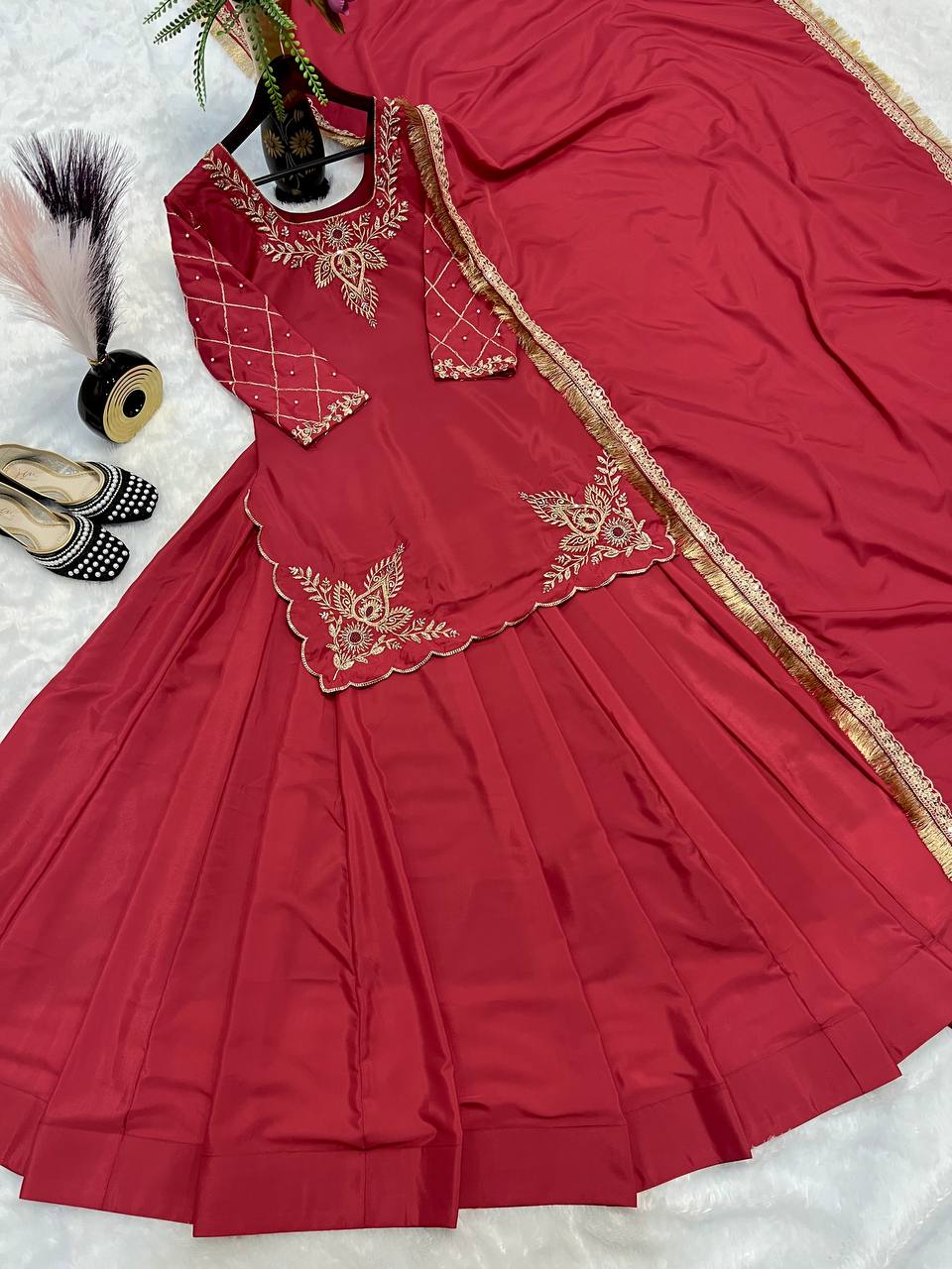 Alluring Rose Red Natural Crepe Silk Bids Hand Work With Sequence With Embroidery And Zari Work Lehenga Suit