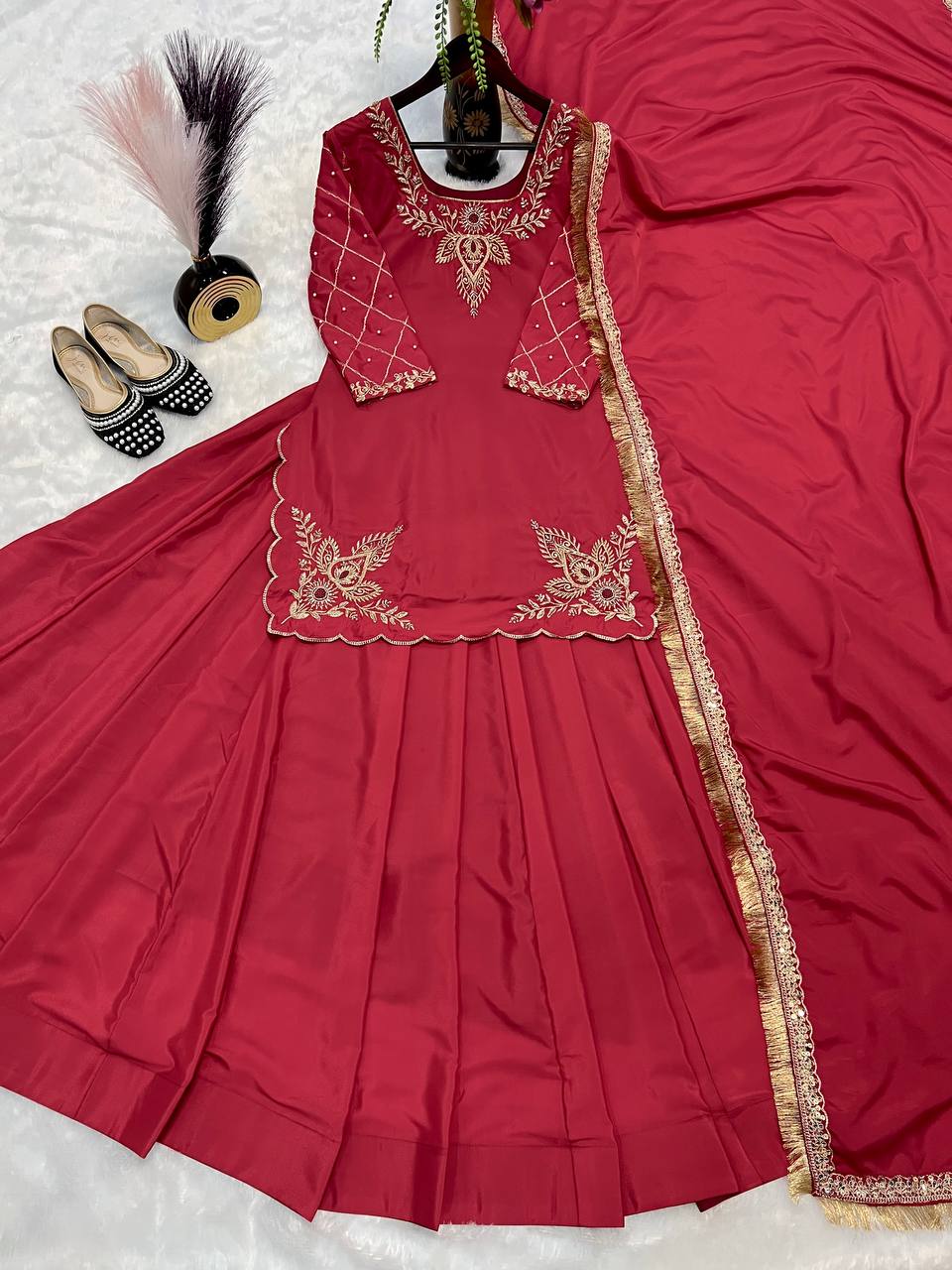 Alluring Rose Red Natural Crepe Silk Bids Hand Work With Sequence With Embroidery And Zari Work Lehenga Suit