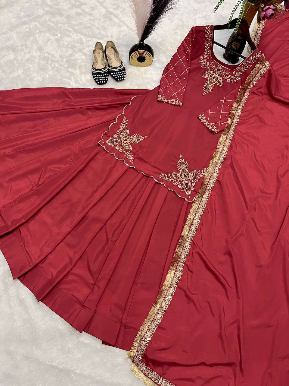 Alluring Rose Red Natural Crepe Silk Bids Hand Work With Sequence With Embroidery And Zari Work Lehenga Suit