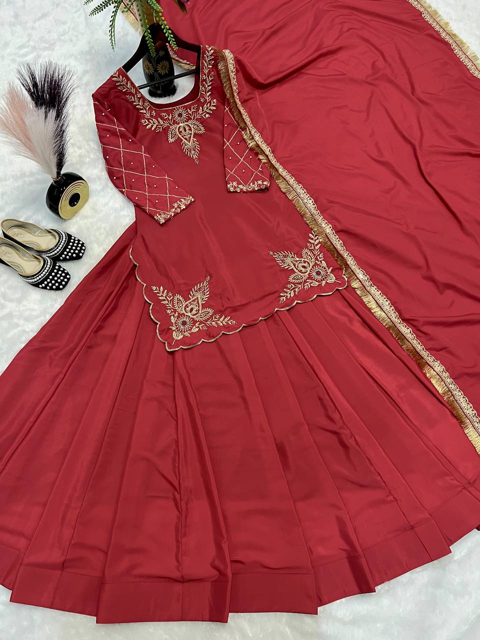 Alluring Rose Red Natural Crepe Silk Bids Hand Work With Sequence With Embroidery And Zari Work Lehenga Suit