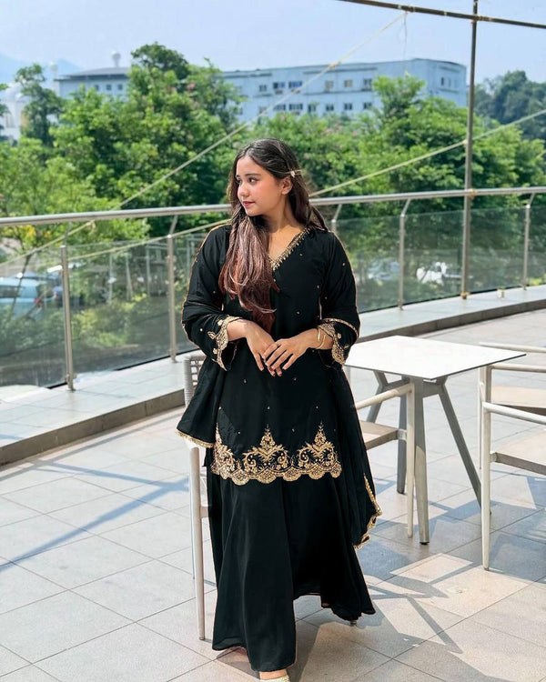 Bollywood Style Black Color Heavy Faux Georgette With Embroidery Sequence Work Palazzo Suit