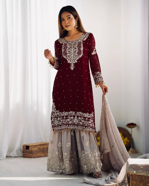 Traditional Wear Wine Color Heavy Faux Georgette With Heavy Embroidery Work Palazzo Suit